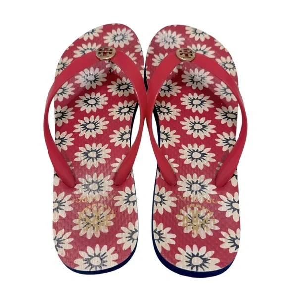 TORY‎ BURCH RED NANTUCKET DAISY FLORAL FLIP SANDALS Size 9 - Picture 3 of 8